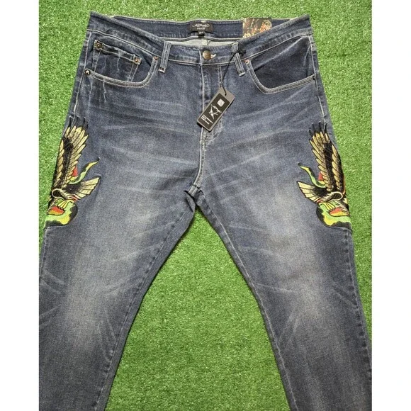 NWT Ed Hardy Eagle Snake Slim Straight Y2K Med Blue Denim Jeans (Men's 36)